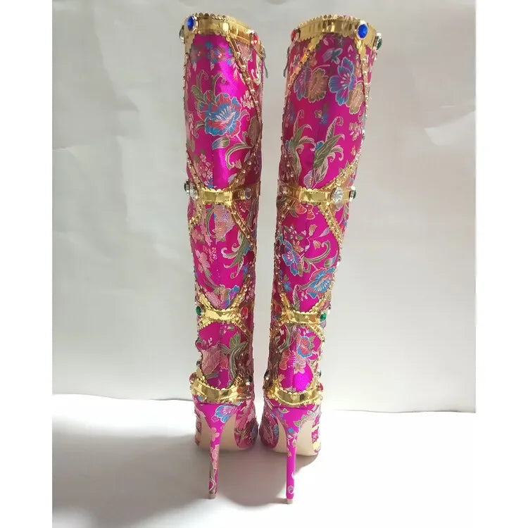 Vibrant Elegance: Colorful Rhinestone Embroidered Mid-Length Ethnic Boots