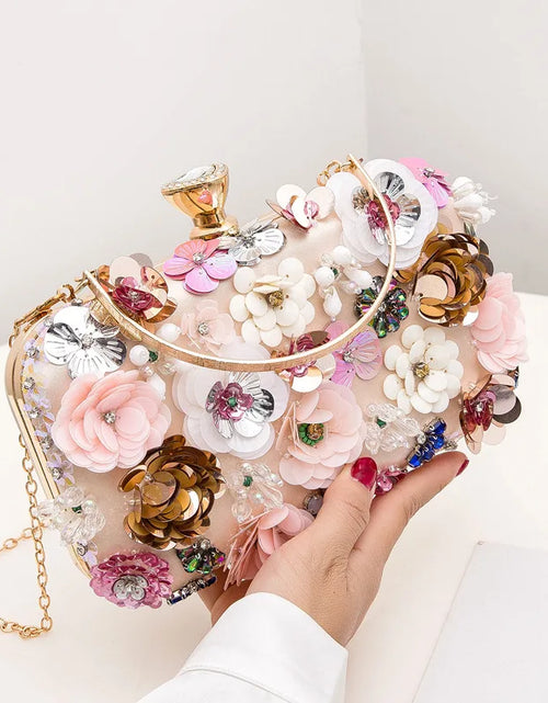 Load image into Gallery viewer, Luxury Floral Diamond Embroidered Clutch – Elegant Evening Handbag with Chain Strap
