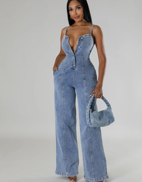 Load image into Gallery viewer, Sexy Denim Spaghetti Strap Jumpsuit – Patchwork Wide-Leg Romper for Women
