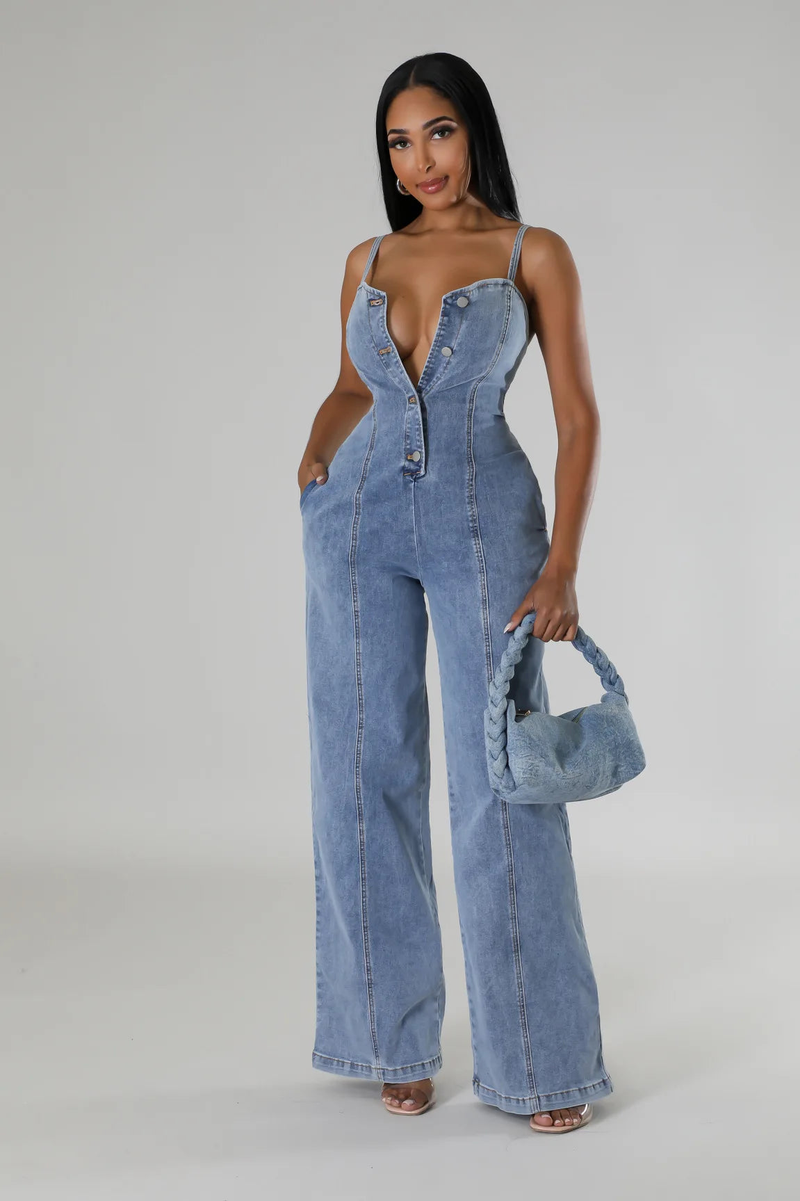 Sexy Denim Spaghetti Strap Jumpsuit – Patchwork Wide-Leg Romper for Women