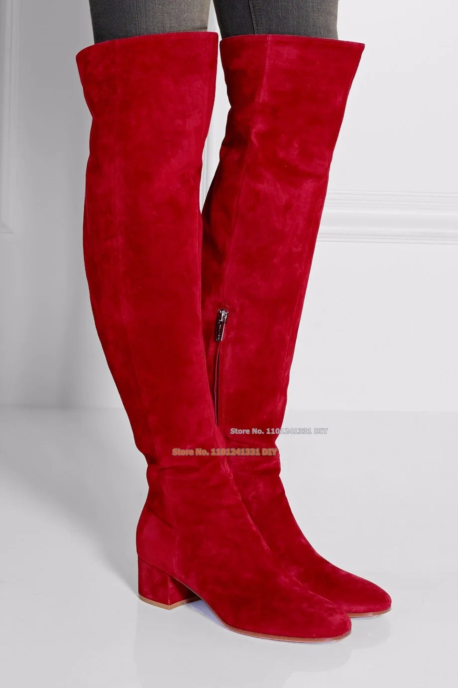 Winter Red Suede Over-The-Knee Boots – Stylish Round Toe, Thick Heels High Boots for Women