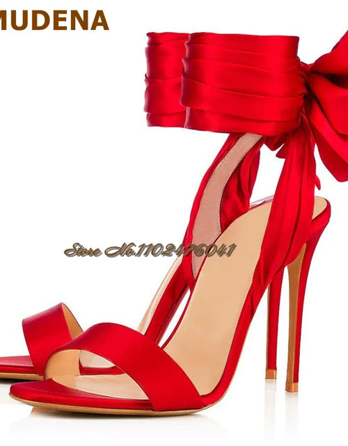 Load image into Gallery viewer, Satin Bowtie Sandals: Stiletto Heels with Silk Lace-up Elegance
