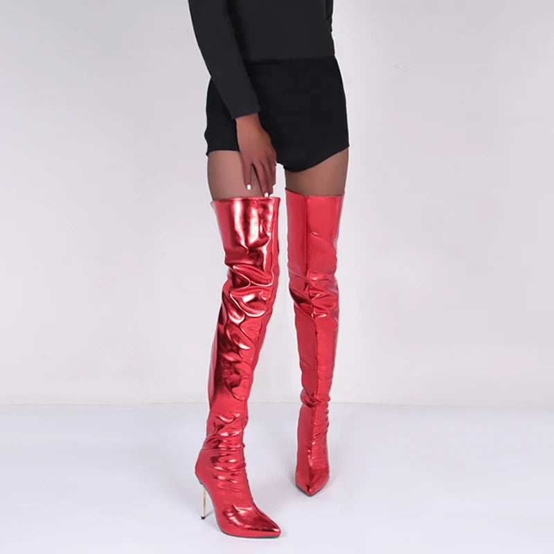 Metallic Seduction: 11CM Stiletto Over-the-Knee Boots for Bold Style