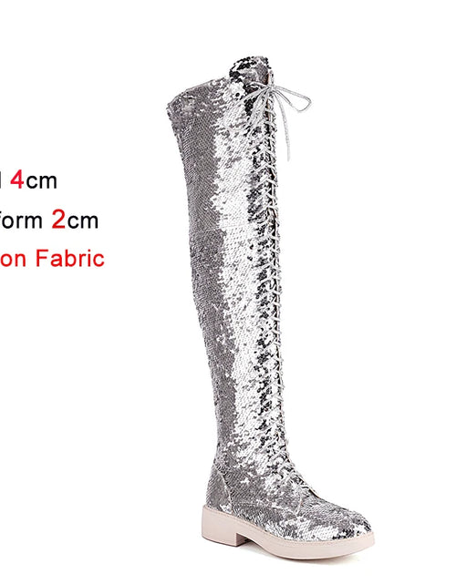 Load image into Gallery viewer, Dazzling Heights: Shiny Sequined Over-the-Knee Boots with Thick Heels
