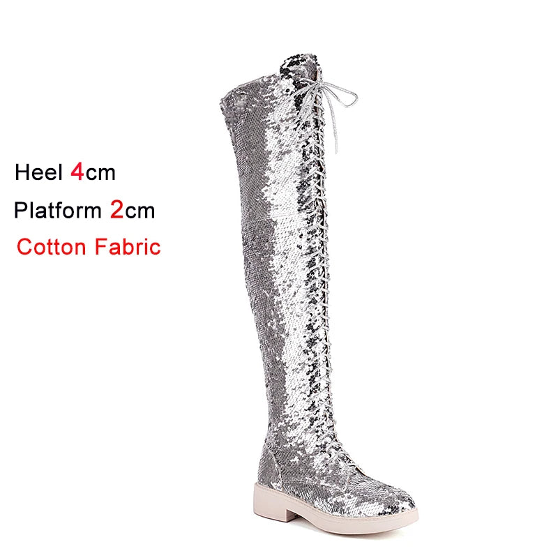 Dazzling Heights: Shiny Sequined Over-the-Knee Boots with Thick Heels