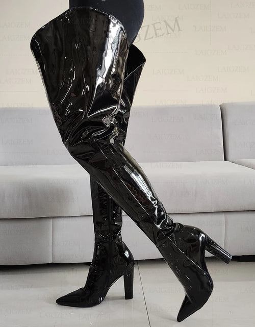 Load image into Gallery viewer, Dazzle in Style: Shiny Thigh-High Boots with Chunky Heels
