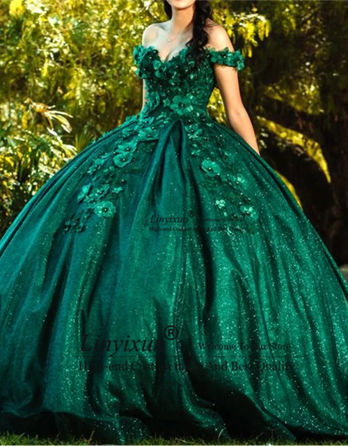 Load image into Gallery viewer, Emerald Princess: Sweet Off-Shoulder Quinceañera Ball Gown with Lace Appliques
