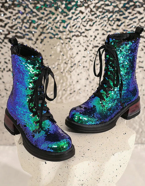 Load image into Gallery viewer, Sparkle &amp; Comfort: Sequined Platform Ankle Boots with Square Heels
