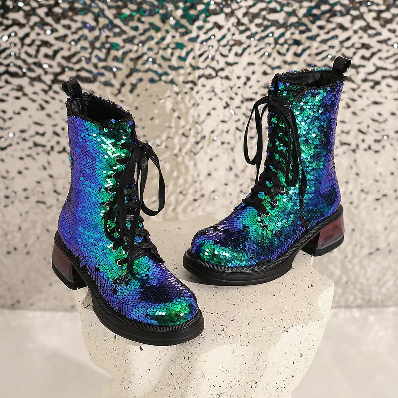 Sparkle & Comfort: Sequined Platform Ankle Boots with Square Heels