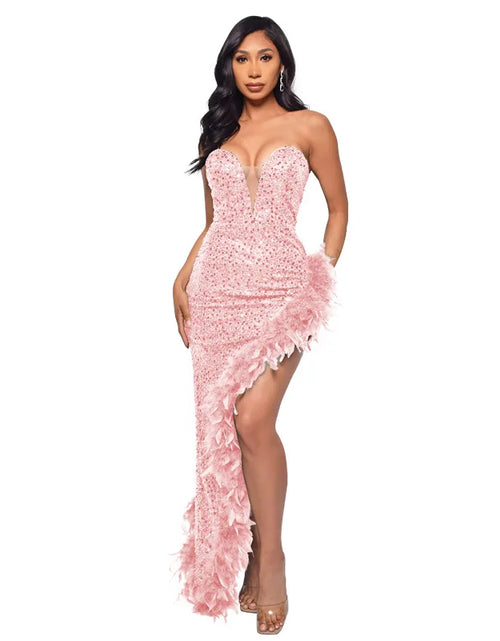 Load image into Gallery viewer, Strapless Sequin Feather Bodycon Dress – Elegant Cocktail &amp; Formal Party Wear for Women
