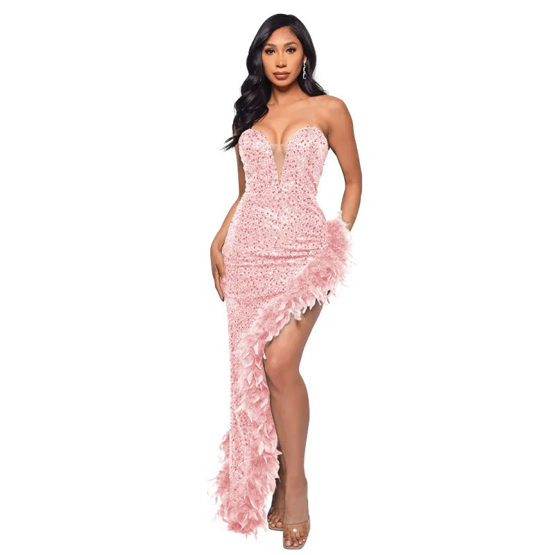 Strapless Sequin Feather Bodycon Dress – Elegant Cocktail & Formal Party Wear for Women