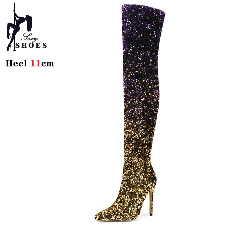 Shimmer & Stride: Gradient Sequin Over-the-Knee Boots with 11CM Heels