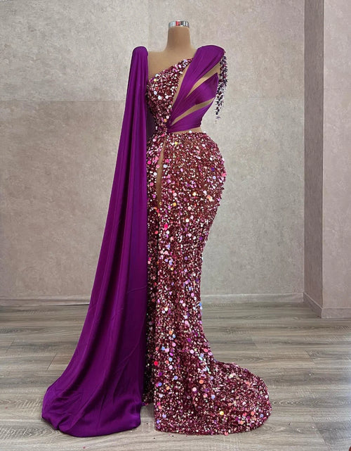 Load image into Gallery viewer, Elegant One-Shoulder Purple Evening Dress with Sequins, Beading, and Side Split
