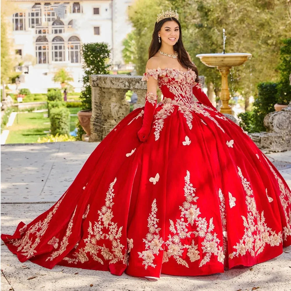 Blooming Elegance: Red 3D Floral Quinceañera Princess Ball Gown