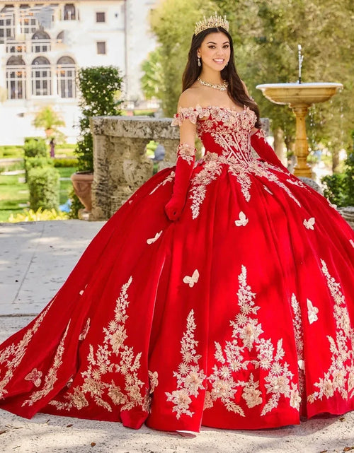 Load image into Gallery viewer, Blooming Elegance: Red 3D Floral Quinceañera Princess Ball Gown
