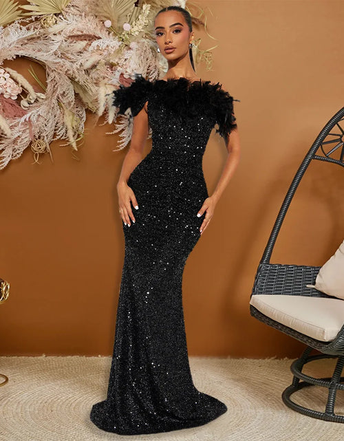 Load image into Gallery viewer, Dazzling Sequined Backless Maxi Dress with Feather &amp; Bead Detailing – Perfect for Birthday Party
