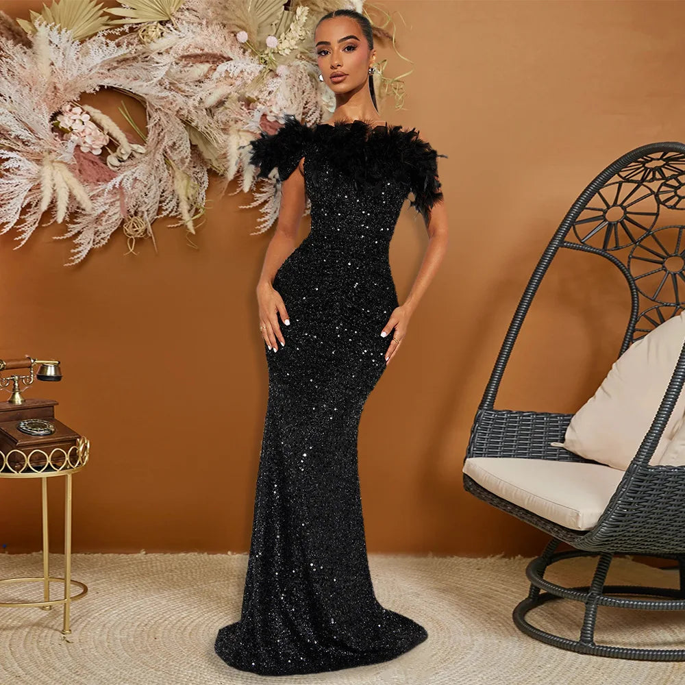 Dazzling Sequined Backless Maxi Dress with Feather & Bead Detailing – Perfect for Birthday Party