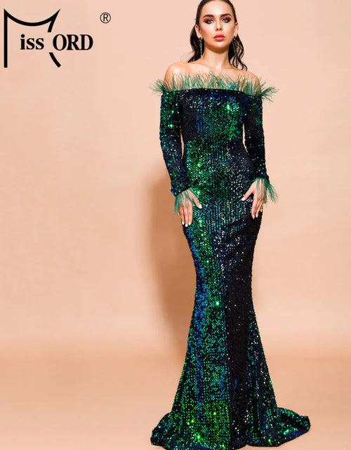 Load image into Gallery viewer, Glamour Redefined: Sequin Off-Shoulder Feather Detail Mermaid Evening Gown
