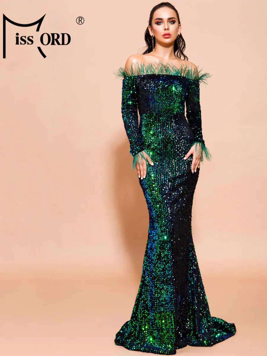 Glamour Redefined: Sequin Off-Shoulder Feather Detail Mermaid Evening Gown