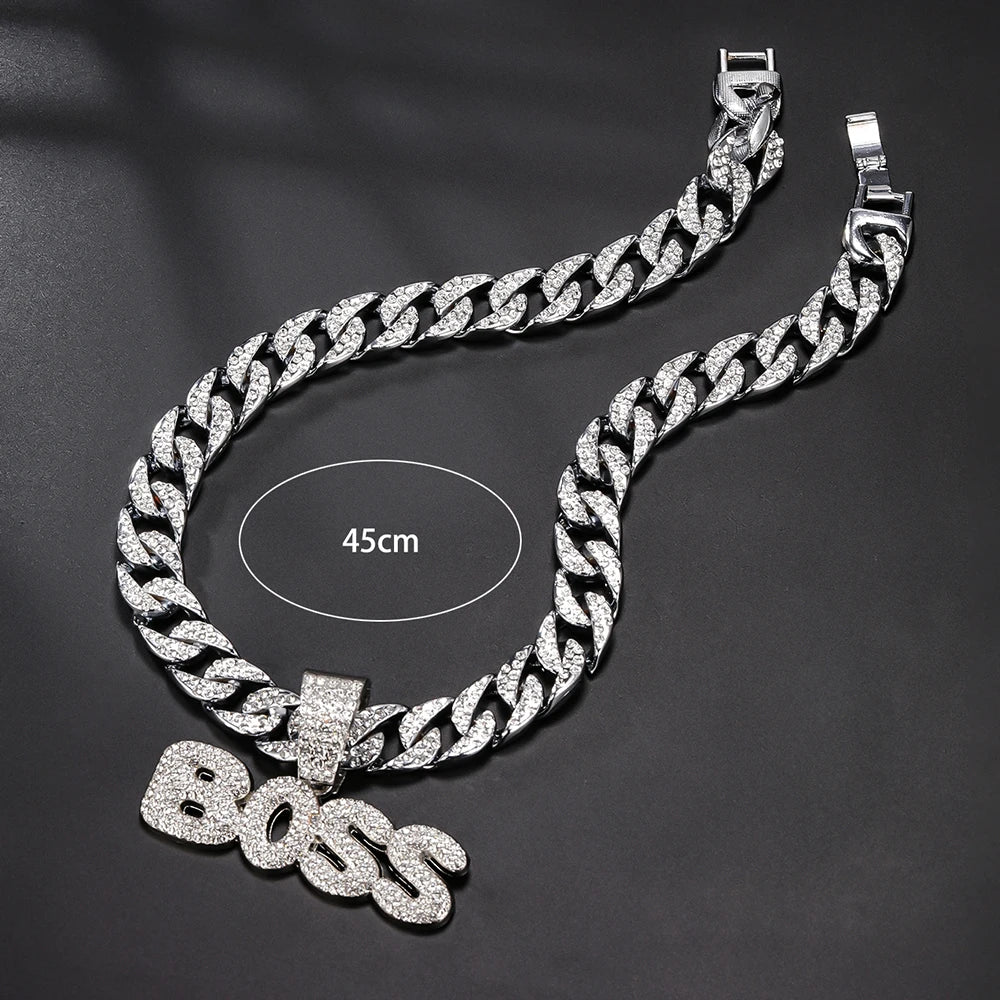 BOSS Cuban Chain Necklace – Bling Letter Choker for Hip Hop & Goth Style