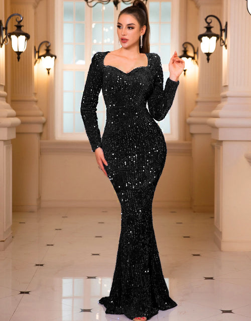 Load image into Gallery viewer, Sparkling Velvet Long Sleeve Mermaid Maxi Dress with Sequins &amp; Sweetheart Neckline
