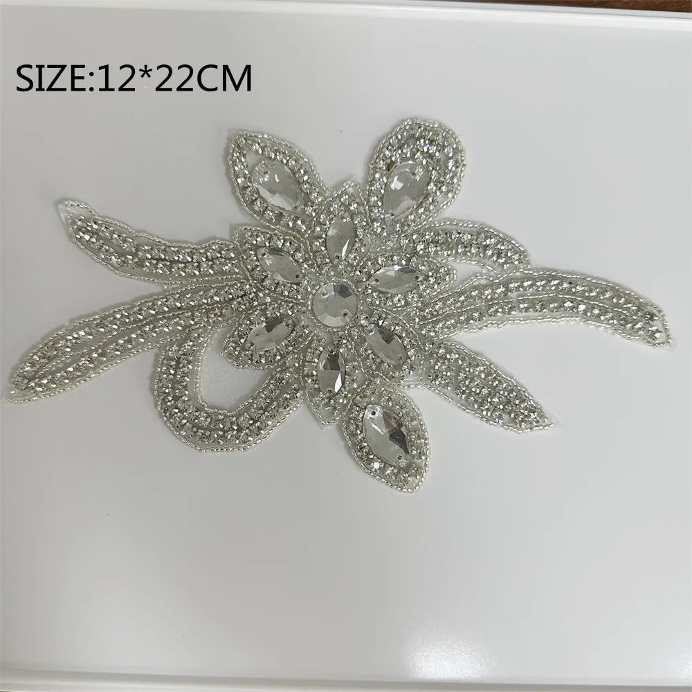 AB Silver Rhinestone Flower Applique – Elegant Iron-On/Sew-On Decoration for Wedding Dresses & Clothes