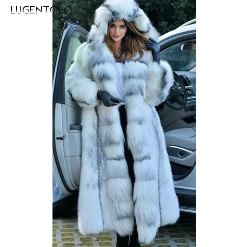 Elegant Women’s X-Long Faux Fur Coat – Hooded Loose Fit Winter Fashion Coat for Large Sizes