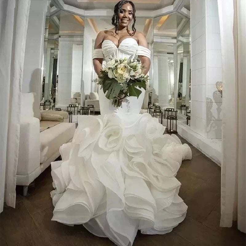 Luxury Mermaid Wedding Dress with Cascading Ruffles – Corset Back & Off-Shoulder Plus Size African Bridal Gown