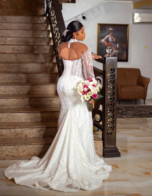 Load image into Gallery viewer, Arabic Mermaid Wedding Dress – Beaded Crystal Lace Gown
