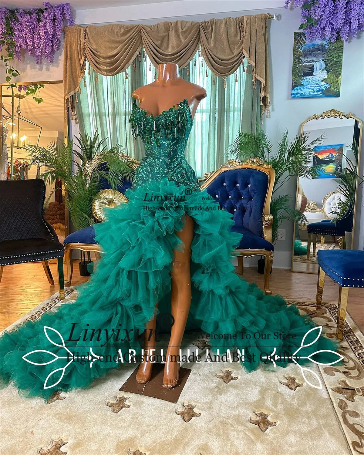 Regal Radiance: Sparkly Sequin Beaded Mermaid Gown with Ruffles and Slit