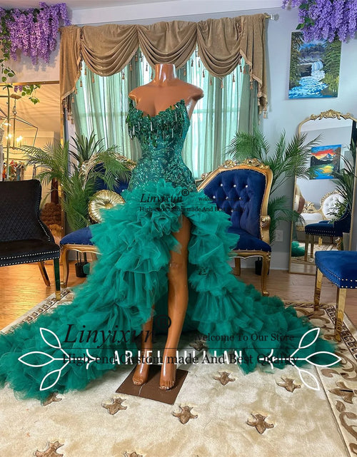 Load image into Gallery viewer, Regal Radiance: Sparkly Sequin Beaded Mermaid Gown with Ruffles and Slit
