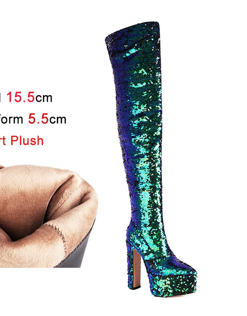 Load image into Gallery viewer, Showstopper: Sequin Over-the-Knee Platform Boots with High Heels
