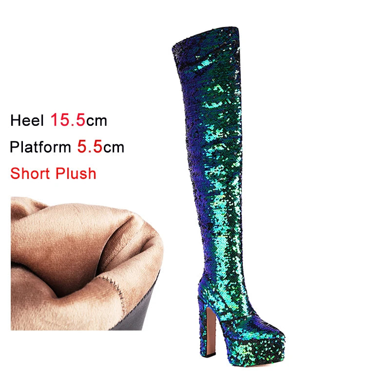 Showstopper: Sequin Over-the-Knee Platform Boots with High Heels