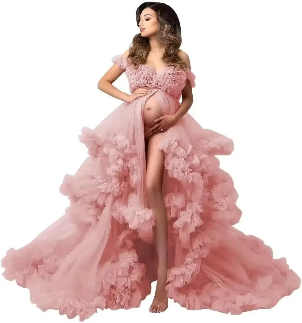 Puffy Ruffles Tulle Maternity Dress for Photoshoots & Baby Showers