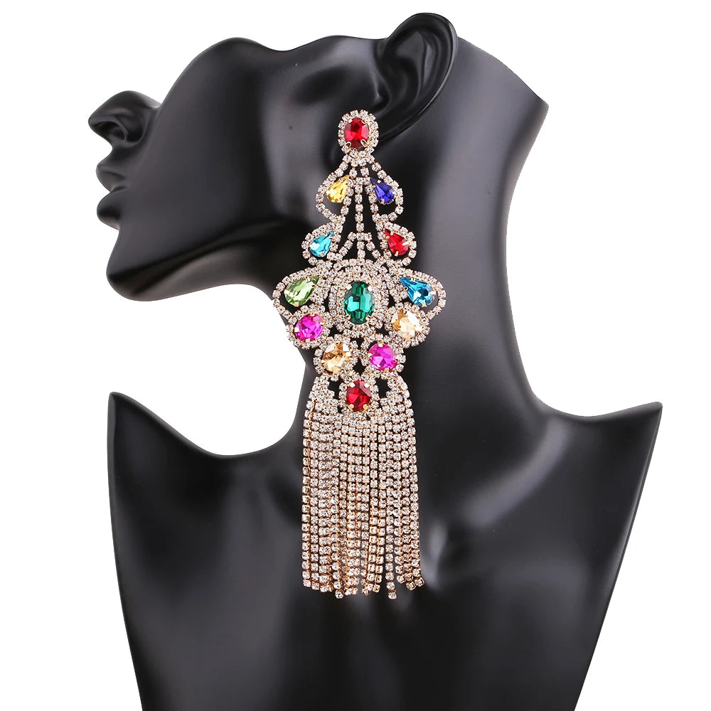 Statement Rhinestone Tassel Drop Earrings – Crystal Dangle Jewelry for Women