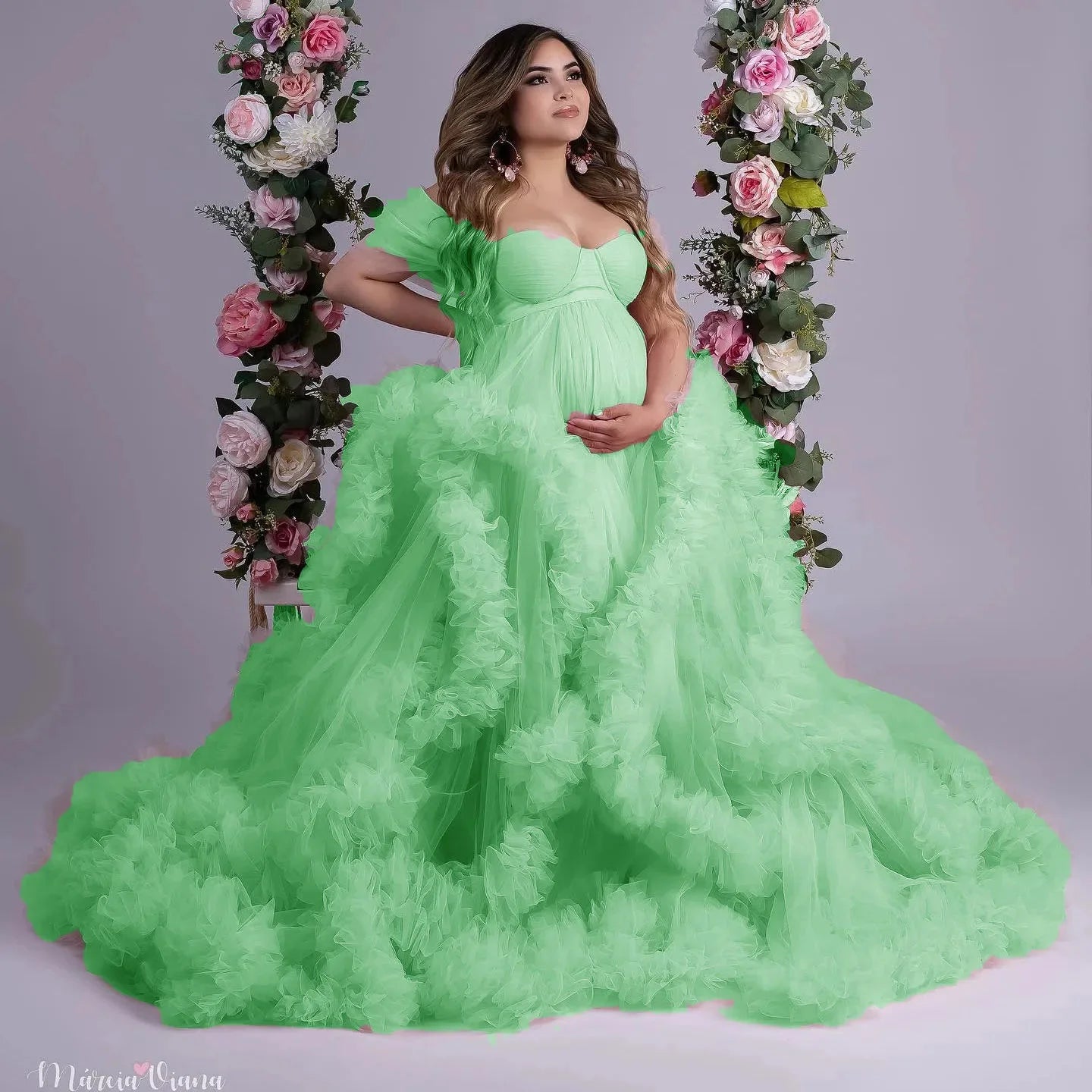 Ruffled Off-Shoulder Maternity Photoshoot & Baby Shower Dress