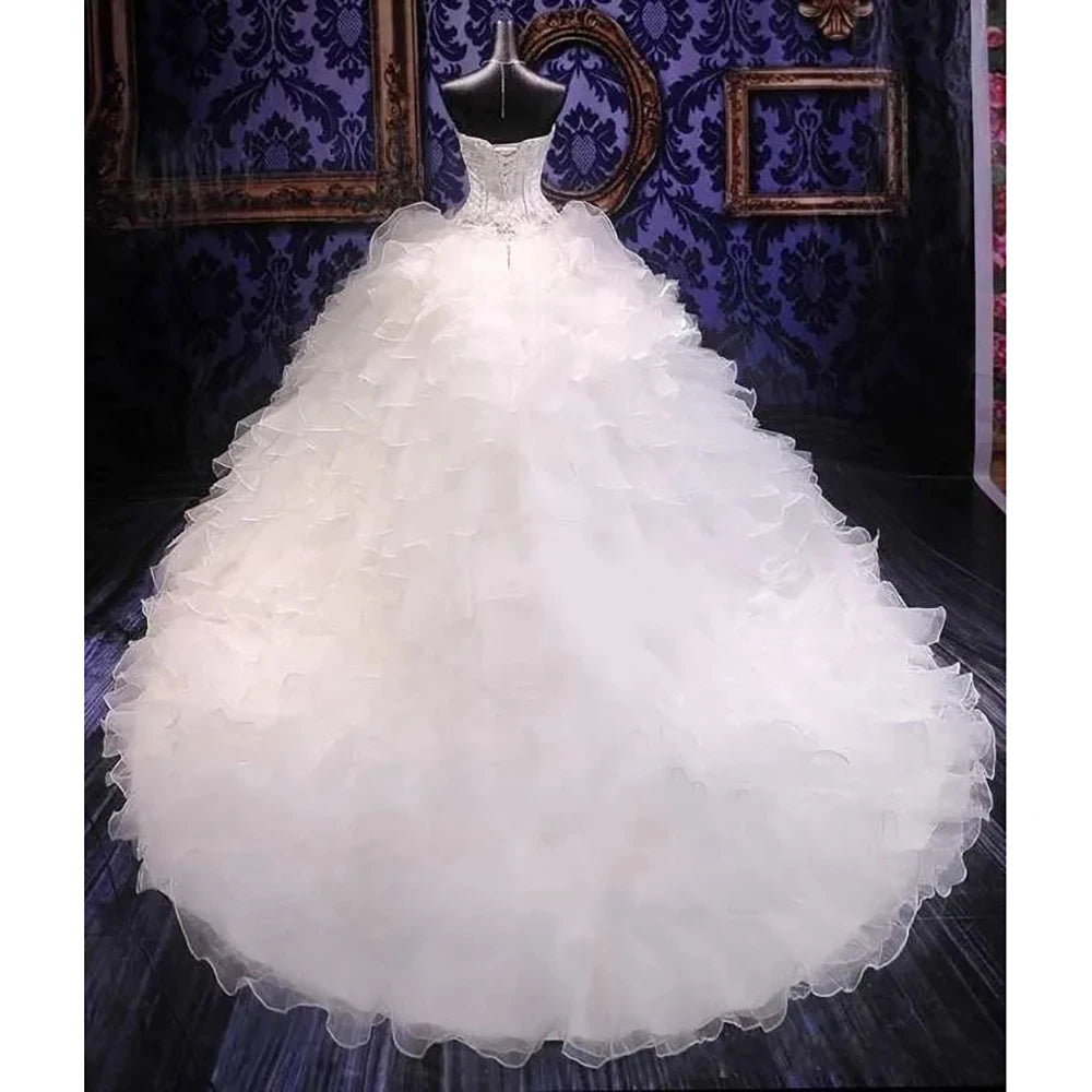 White Ball Gown Sleeveless Sweetheart Wedding Dress with Royal Train, Organza, Lace-Up Back & Crystal Applique – Robe De Mariée