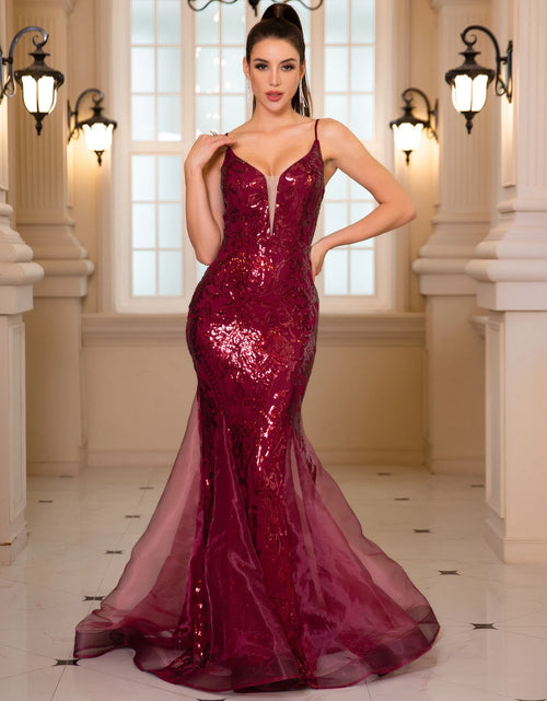 Load image into Gallery viewer, Glamorous &amp; Bold: Deep V-Neck Sequin Spaghetti Strap Evening Gown for Unforgettable Nights
