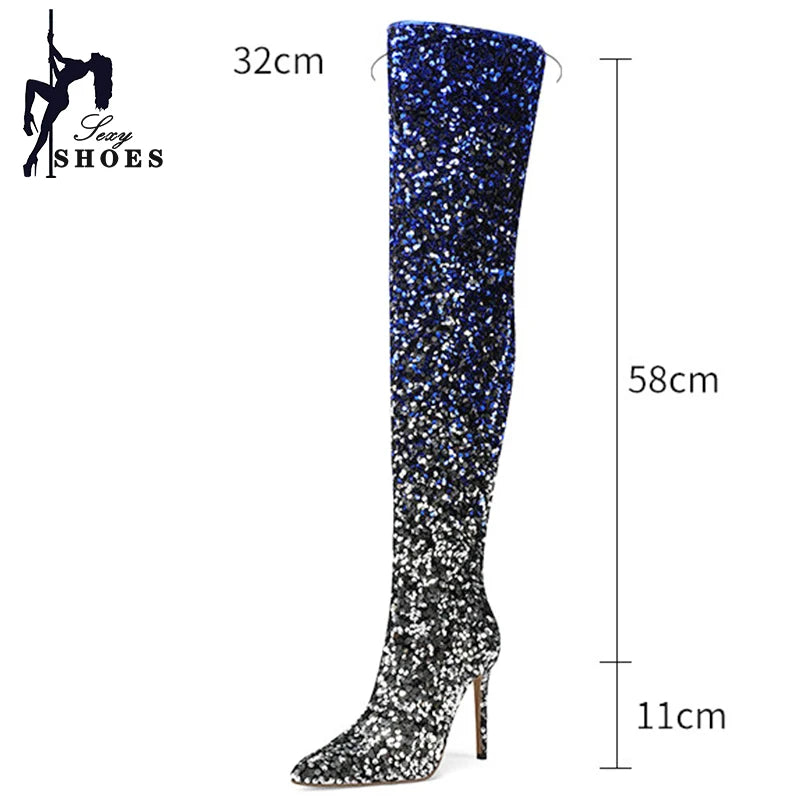 Shimmer & Stride: Gradient Sequin Over-the-Knee Boots with 11CM Heels