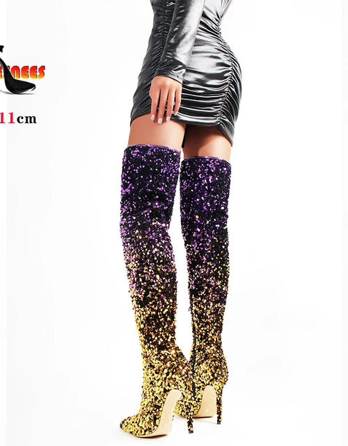 Load image into Gallery viewer, Shimmer &amp; Stride: Gradient Sequin Over-the-Knee Boots with 11CM Heels
