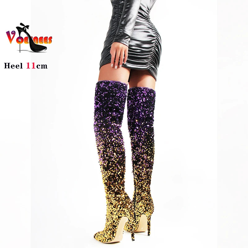 Shimmer & Stride: Gradient Sequin Over-the-Knee Boots with 11CM Heels