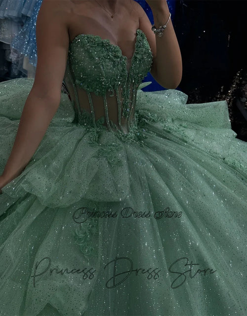 Load image into Gallery viewer, Mint Dream: Elegant Sparkly Quinceañera Ball Gown with 3D Floral Appliques
