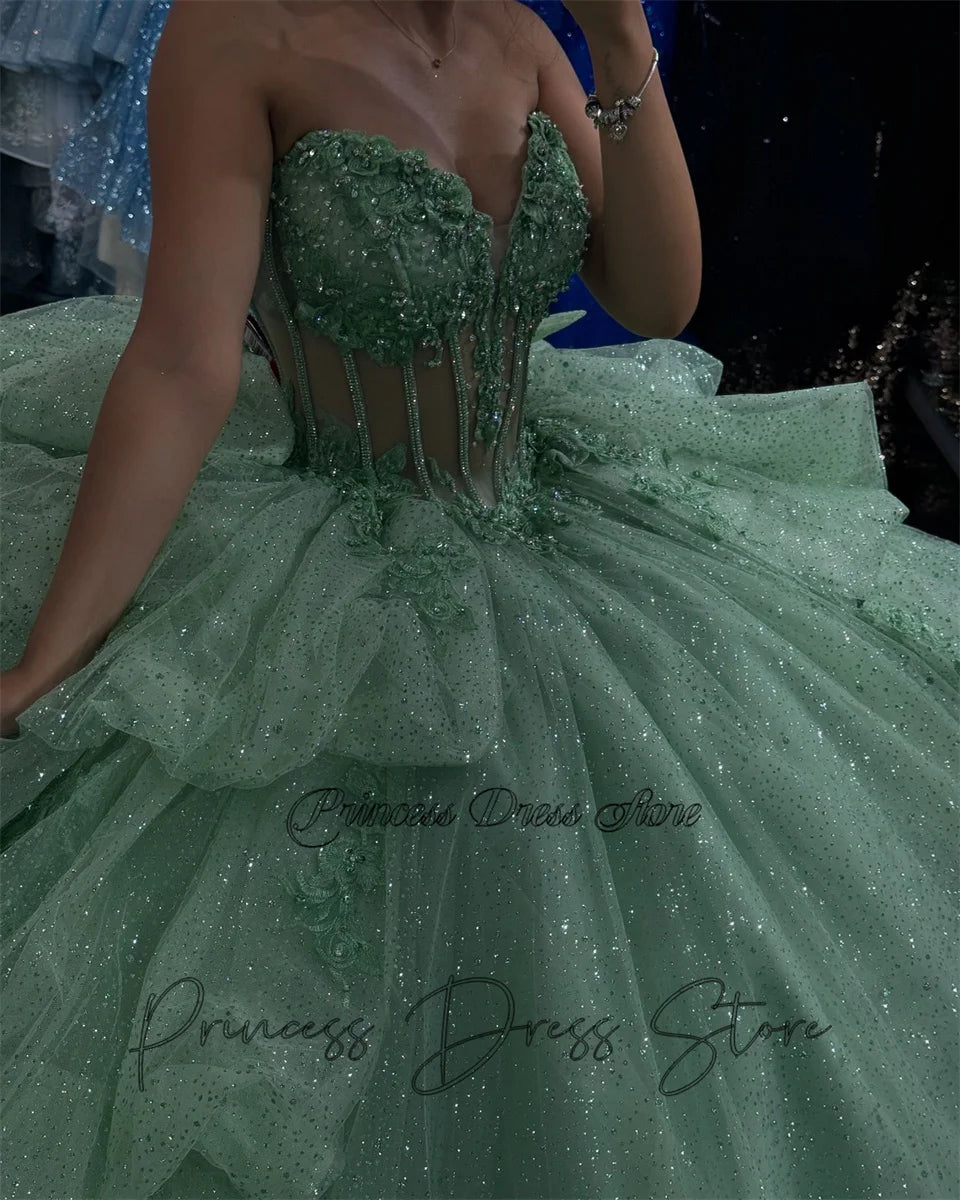 Mint Dream: Elegant Sparkly Quinceañera Ball Gown with 3D Floral Appliques