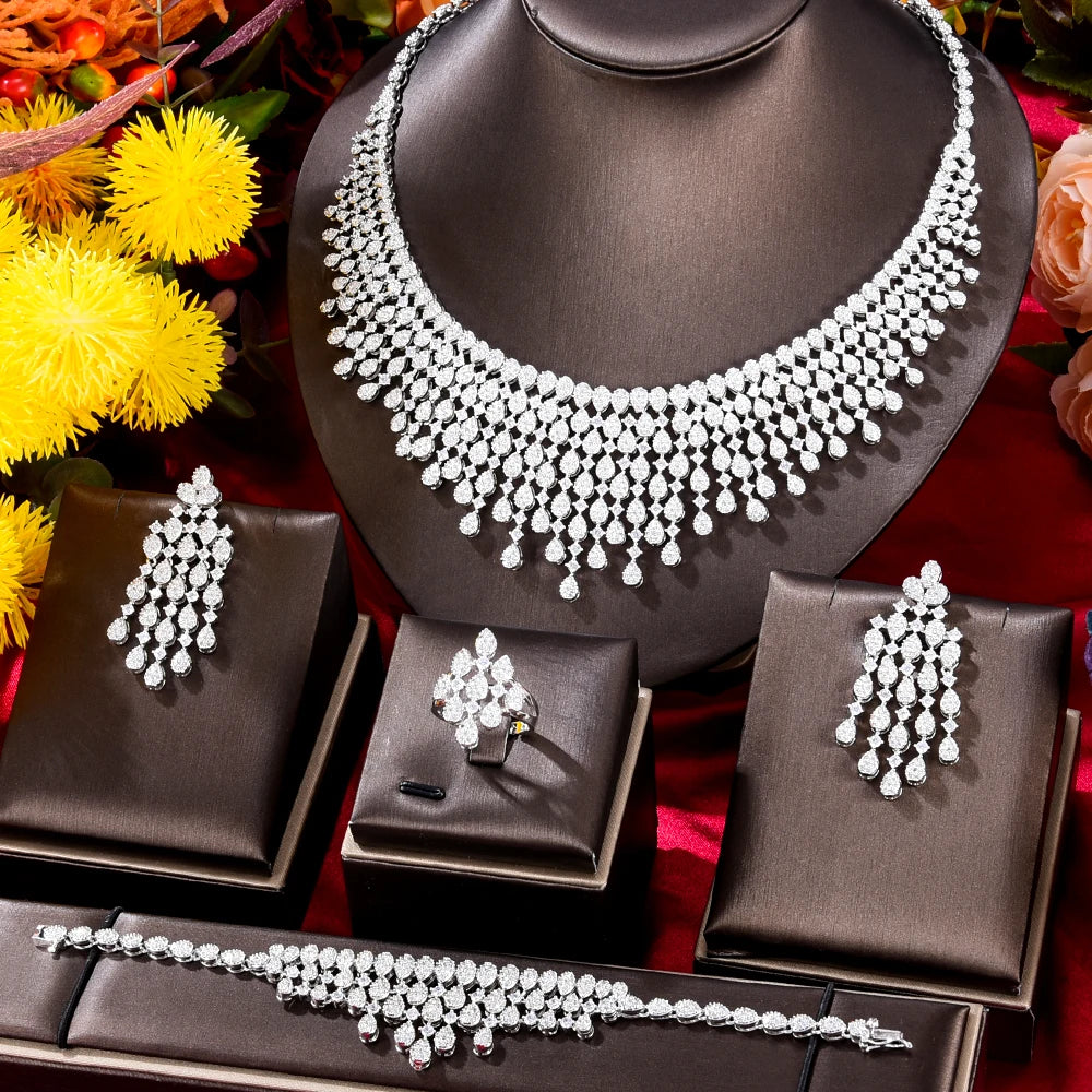 New Trendy 4PCS Full Micro CZ Luxury African Jewelry Set – Wedding Party Zircon Crystal Indian Necklace & Earrings for Women