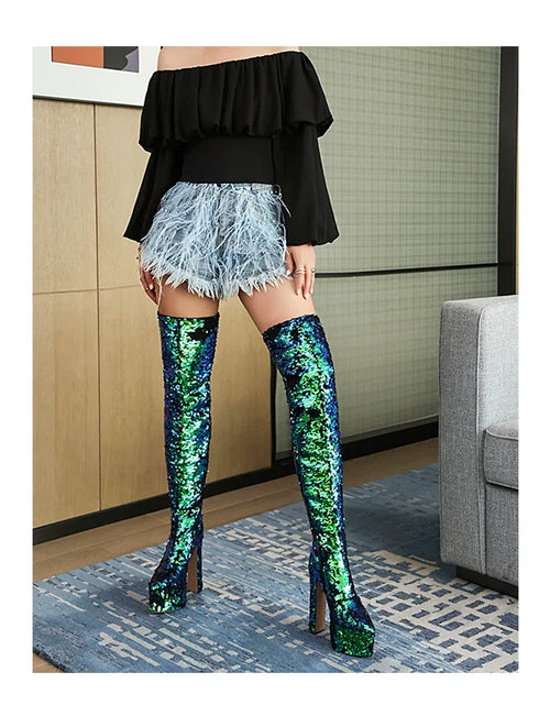 Load image into Gallery viewer, Showstopper: Sequin Over-the-Knee Platform Boots with High Heels
