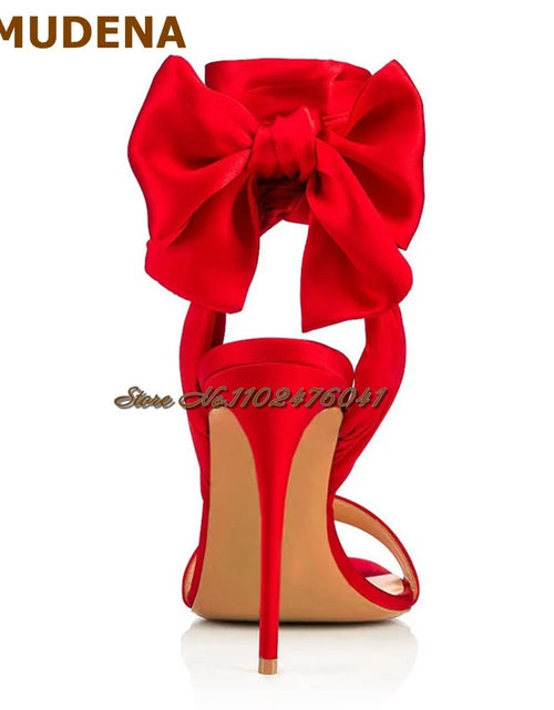 Load image into Gallery viewer, Satin Bowtie Sandals: Stiletto Heels with Silk Lace-up Elegance
