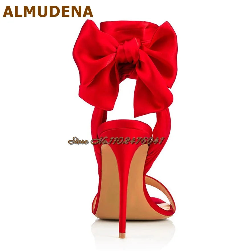 Satin Bowtie Sandals: Stiletto Heels with Silk Lace-up Elegance