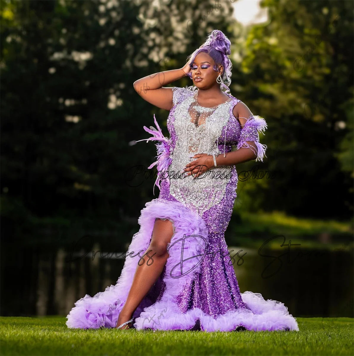 Diamond Elegance: Luxury Mermaid Prom Dress with Sequins, Crystals, and Feathers