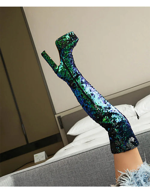 Load image into Gallery viewer, Showstopper: Sequin Over-the-Knee Platform Boots with High Heels
