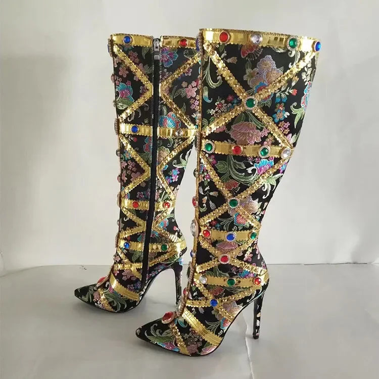 Vibrant Elegance: Colorful Rhinestone Embroidered Mid-Length Ethnic Boots